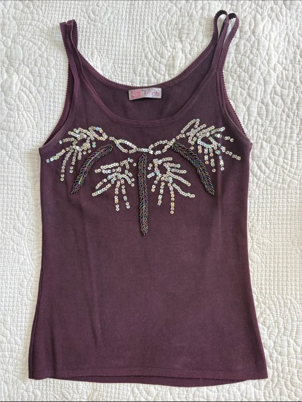 Vintage Y2K Sequin Embroidered Beaded Purple Ribbed Cami Tank Top
